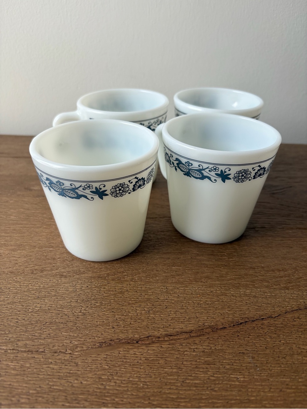 Pyrex White Milk Glass Mugs with Blue Floral Band - Set of 4 - Picture 2 of 7